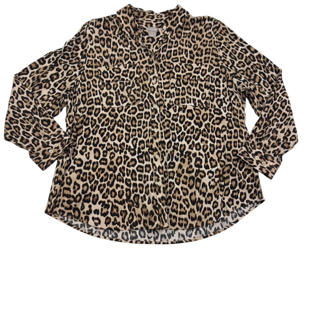 Chico's Animal/Leopard Print Long Sleeve Modal/Rayon Button Down Top Women's XL